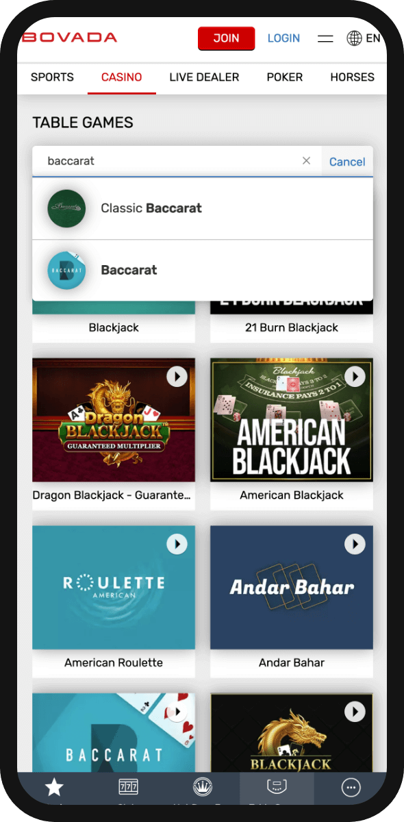 baccarat games at bovada mobile