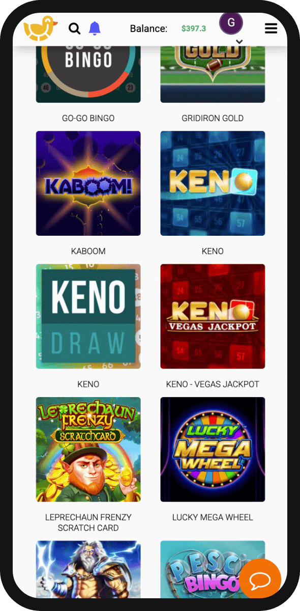 Keno games at DuckyLuck Casino mobile version