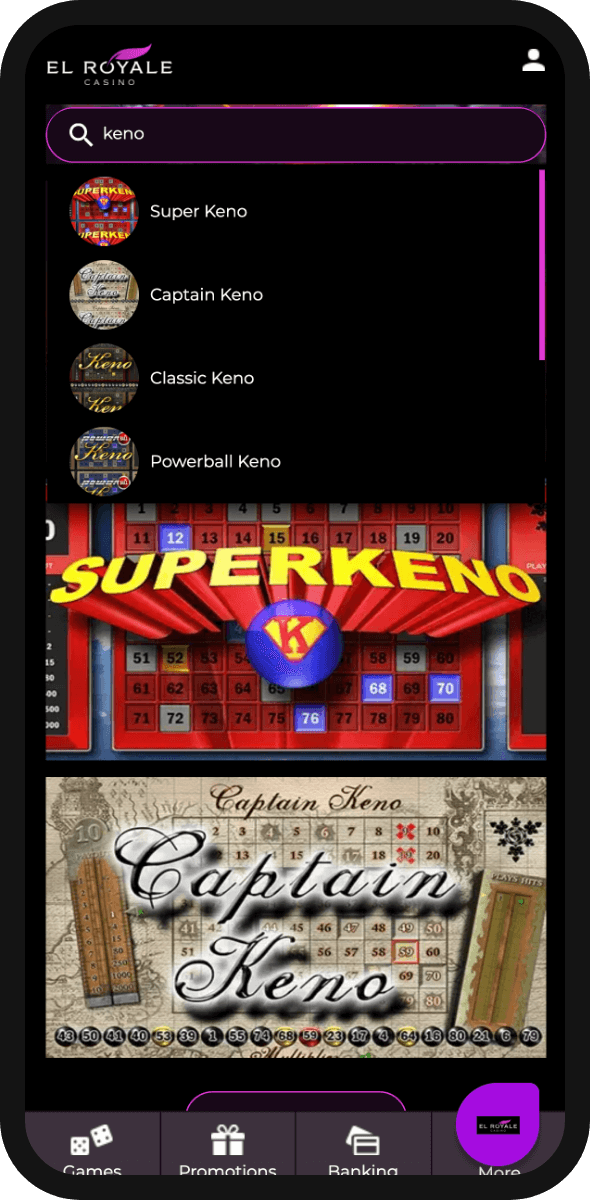 Keno games at El Royale Casino mobile