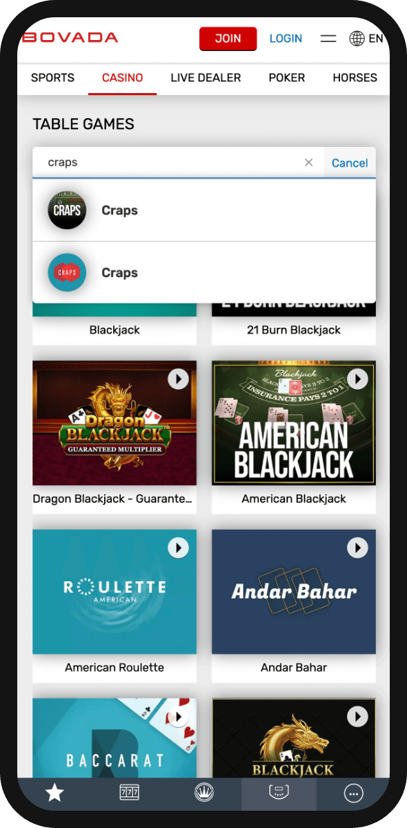 screenshot of craps titles available at bovada casino mobile