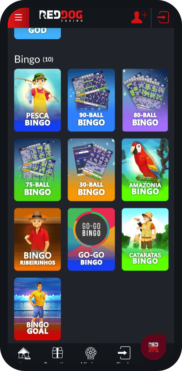 Bingo game section at Red Dog Casino mobile