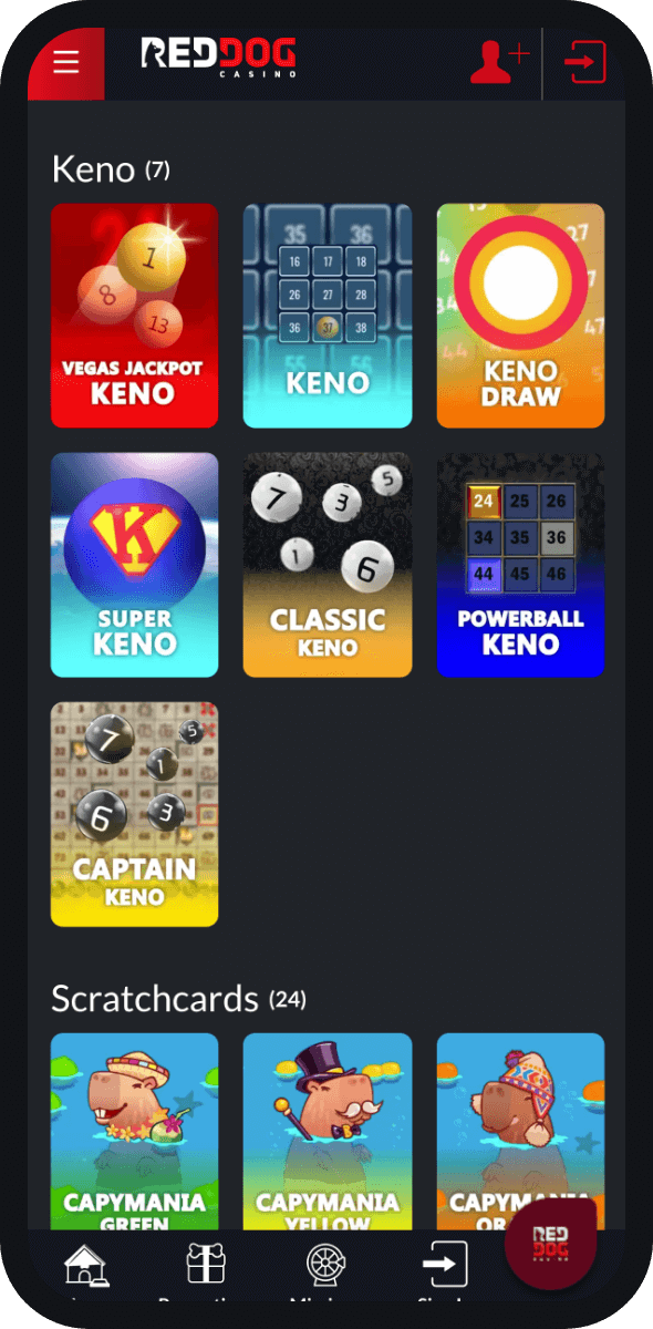 Keno game variety at Red Dog Casino mobile version