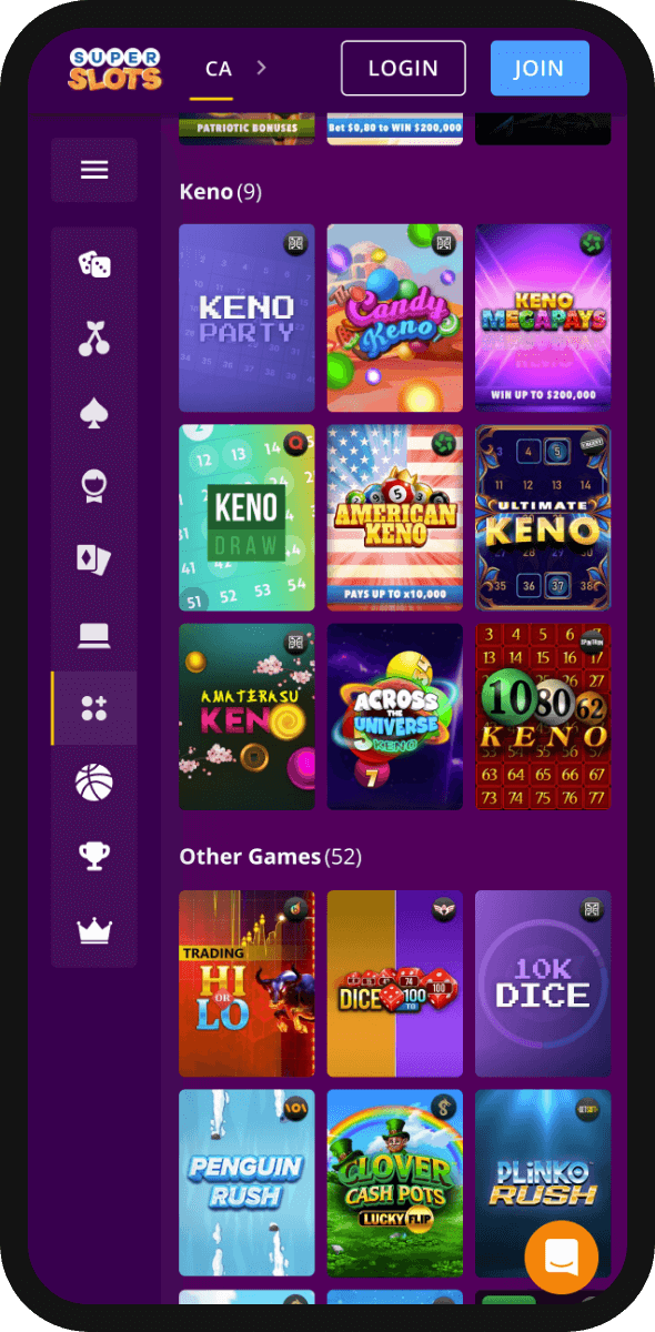 Keno selection at Super Slots Casino mobile version