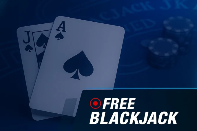 Ace and Jack of Spades on a blackjack table with Free Blackjack banner in a blue casino-themed background